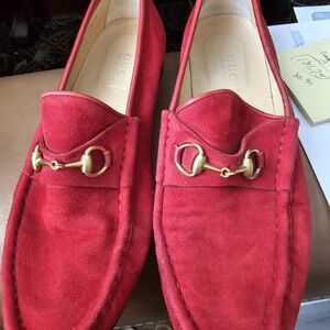 Gucci Red Suede Loafers with Gold Accents,size 9B,preowned,SANITIZED